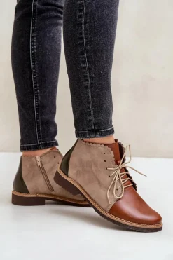 Nobo Skórzane Botki Na Płaskim Obcasie Brązowe Zazoo 4078 Brązowy