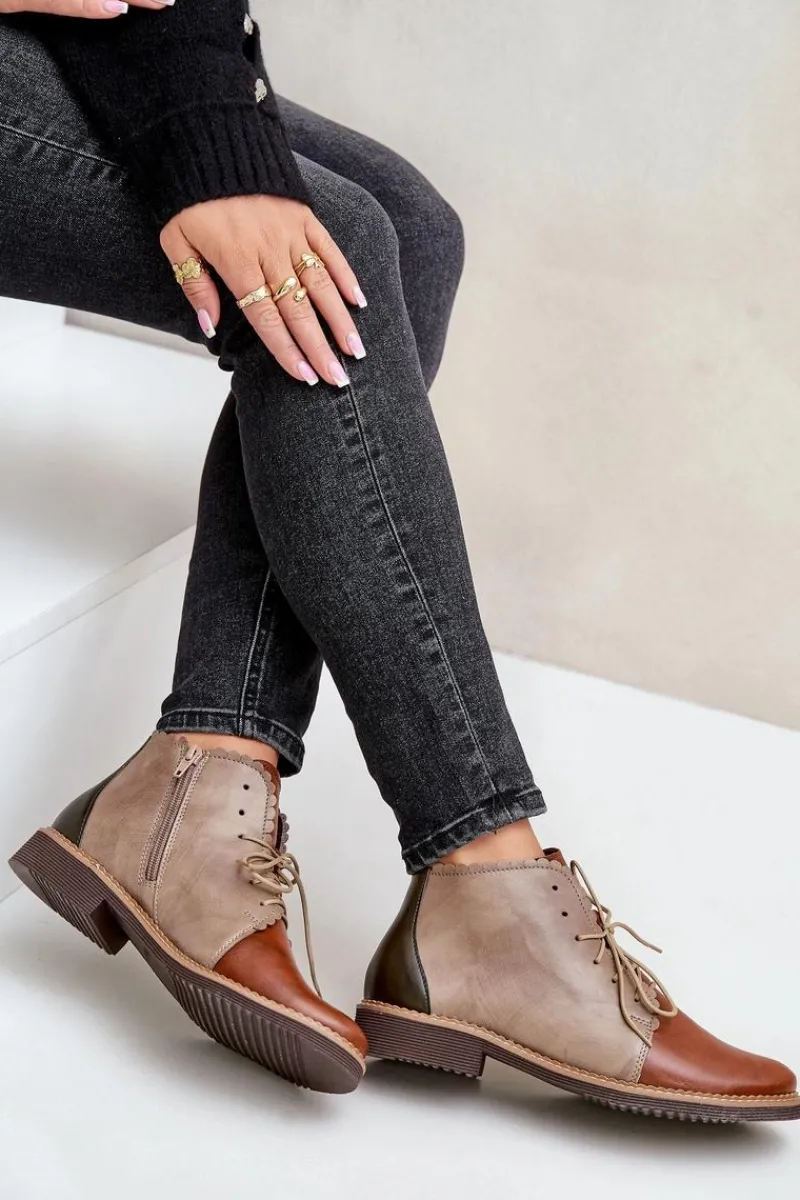 Nobo Skórzane Botki Na Płaskim Obcasie Brązowe Zazoo 4078 Brązowy