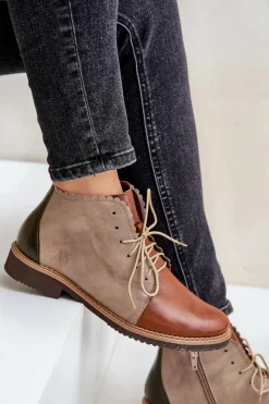 Nobo Skórzane Botki Na Płaskim Obcasie Brązowe Zazoo 4078 Brązowy