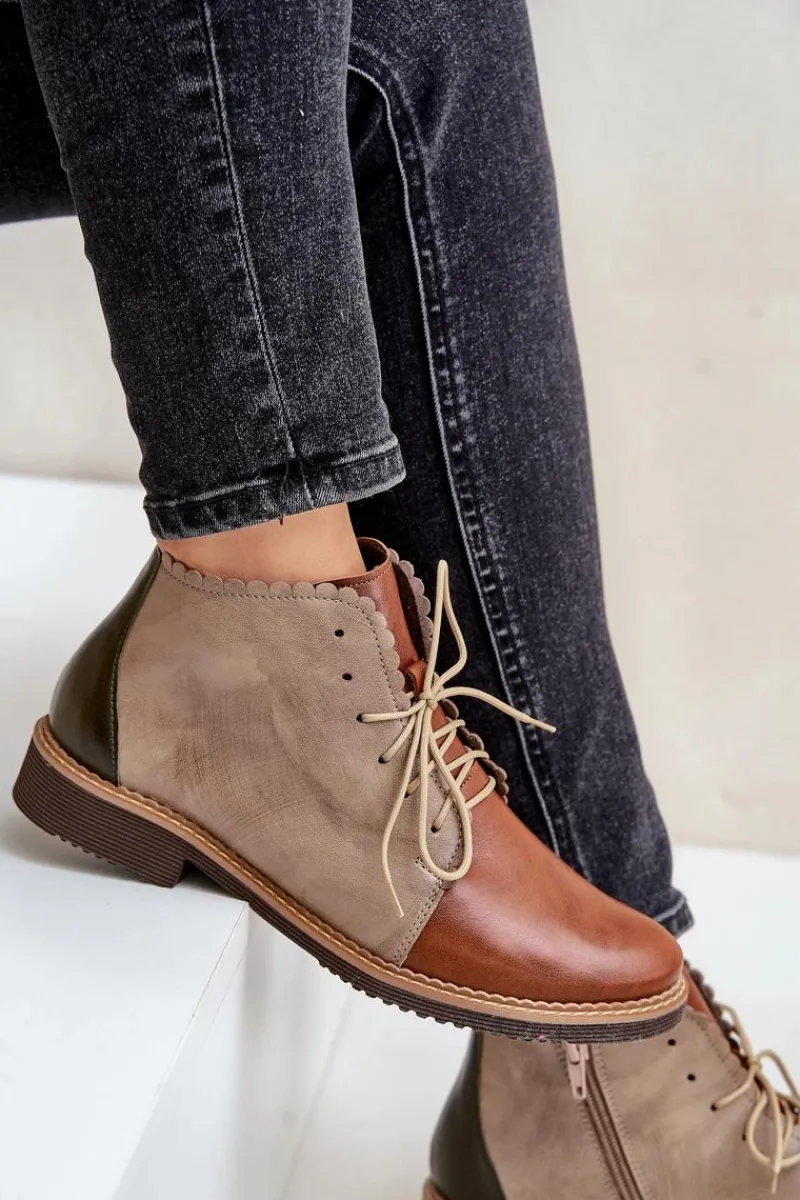 Nobo Skórzane Botki Na Płaskim Obcasie Brązowe Zazoo 4078 Brązowy