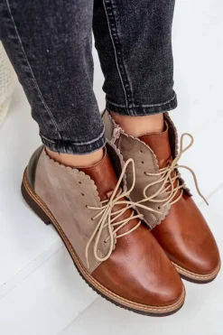 Nobo Skórzane Botki Na Płaskim Obcasie Brązowe Zazoo 4078 Brązowy