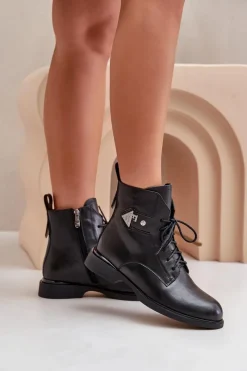 Botki Ocieplane|Botki Maciejka>Maciejka Skórzane Botki Na Płaskim Obcasie Z Ozdobą Ocieplane N3115-01 Czarne