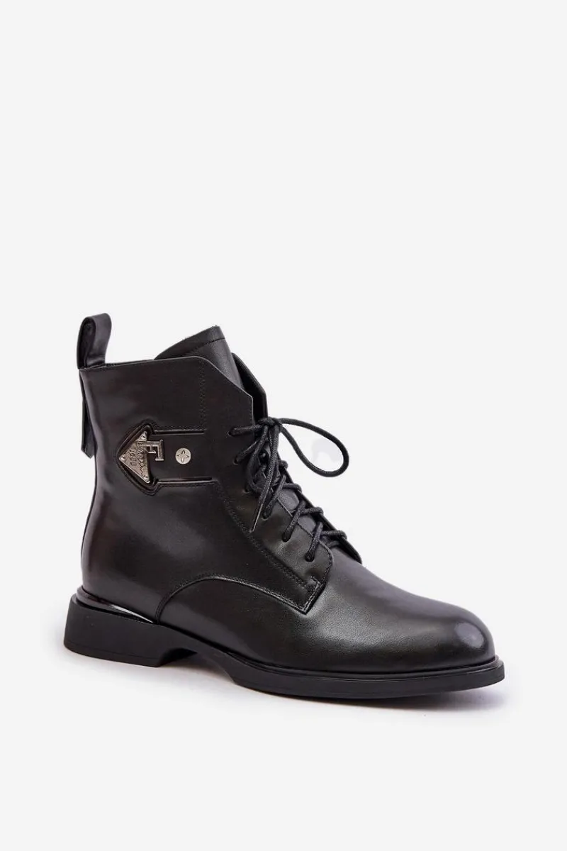 Botki Ocieplane|Botki Maciejka>Maciejka Skórzane Botki Na Płaskim Obcasie Z Ozdobą Ocieplane N3115-01 Czarne