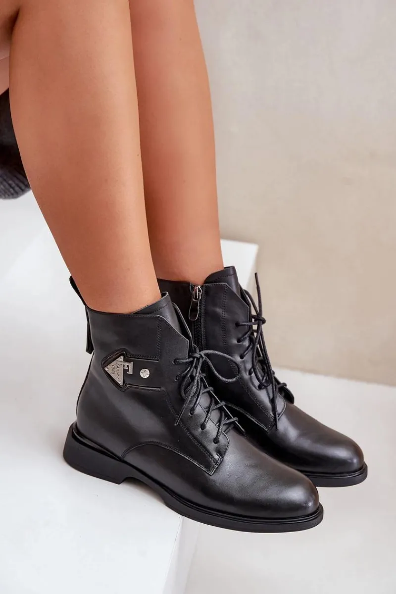 Botki Ocieplane|Botki Maciejka>Maciejka Skórzane Botki Na Płaskim Obcasie Z Ozdobą Ocieplane N3115-01 Czarne