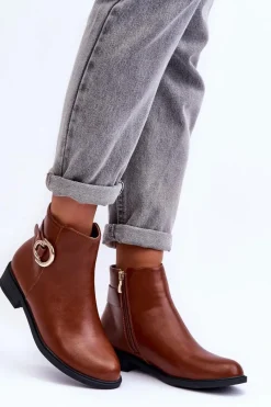 Hot Skórzane Botki Na Płaskim Obcasie Brązowe Meronei Damskie Brązowe I Beżowe Botki|Botki Płaskie