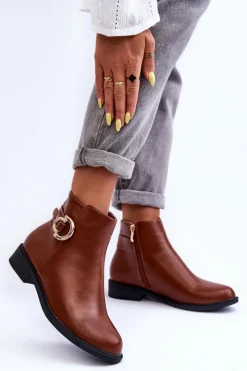 Hot Skórzane Botki Na Płaskim Obcasie Brązowe Meronei Damskie Brązowe I Beżowe Botki|Botki Płaskie