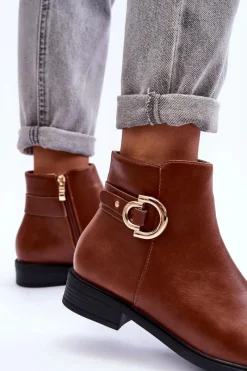 Hot Skórzane Botki Na Płaskim Obcasie Brązowe Meronei Damskie Brązowe I Beżowe Botki|Botki Płaskie