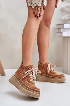 Skórzane Botki Na Platformie I Koturnie 06759-29 Brązowe Damskie Botki Maciejka|Damskie Trapery