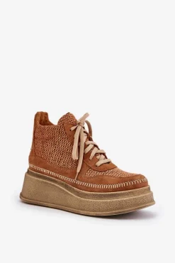 Skórzane Botki Na Platformie I Koturnie 06759-29 Brązowe Damskie Botki Maciejka|Damskie Trapery