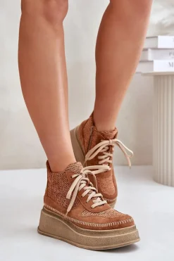 Skórzane Botki Na Platformie I Koturnie 06759-29 Brązowe Damskie Botki Maciejka|Damskie Trapery