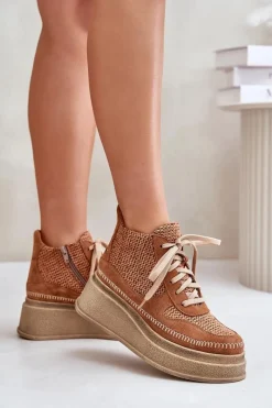 Skórzane Botki Na Platformie I Koturnie 06759-29 Brązowe Damskie Botki Maciejka|Damskie Trapery