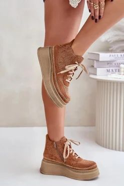 Skórzane Botki Na Platformie I Koturnie 06759-29 Brązowe Damskie Botki Maciejka|Damskie Trapery