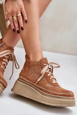 Skórzane Botki Na Platformie I Koturnie 06759-29 Brązowe Damskie Botki Maciejka|Damskie Trapery