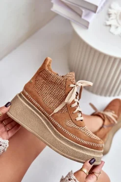 Skórzane Botki Na Platformie I Koturnie 06759-29 Brązowe Damskie Botki Maciejka|Damskie Trapery