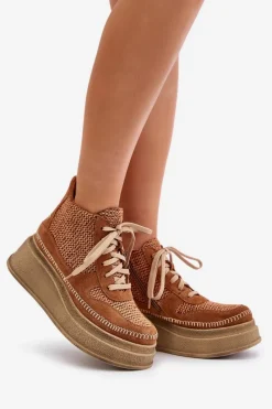 Skórzane Botki Na Platformie I Koturnie 06759-29 Brązowe Damskie Botki Maciejka|Damskie Trapery