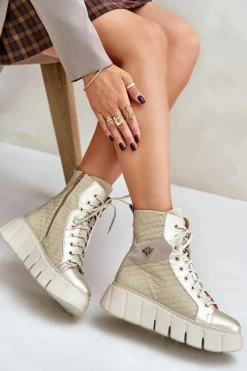 Best Maciejka Skórzane Botki Na Platformie 06751-25 Złote Złoty