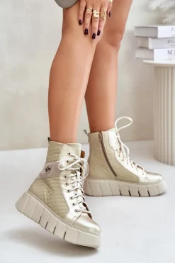 Best Maciejka Skórzane Botki Na Platformie 06751-25 Złote Złoty
