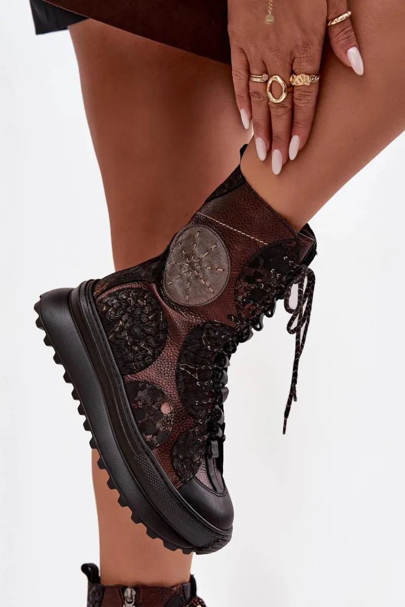 Online Maciejka Skórzane Botki Na Platformie Ocieplane 06565-02 Brązowo-Złote Brązowy