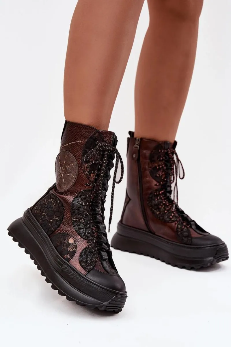 Online Maciejka Skórzane Botki Na Platformie Ocieplane 06565-02 Brązowo-Złote Brązowy