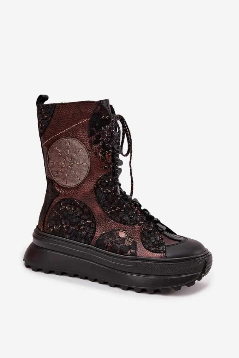 Online Maciejka Skórzane Botki Na Platformie Ocieplane 06565-02 Brązowo-Złote Brązowy