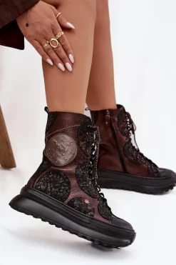 Online Maciejka Skórzane Botki Na Platformie Ocieplane 06565-02 Brązowo-Złote Brązowy