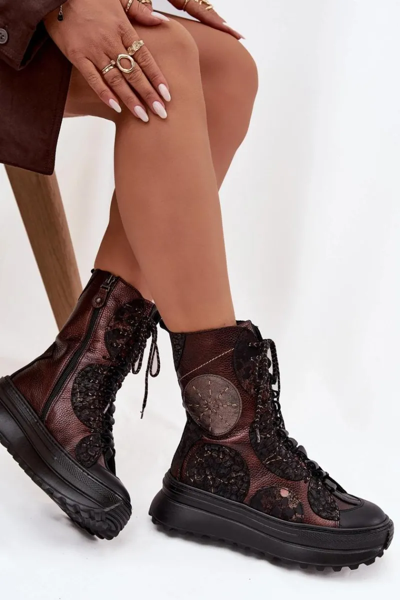 Online Maciejka Skórzane Botki Na Platformie Ocieplane 06565-02 Brązowo-Złote Brązowy