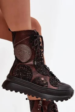 Online Maciejka Skórzane Botki Na Platformie Ocieplane 06565-02 Brązowo-Złote Brązowy