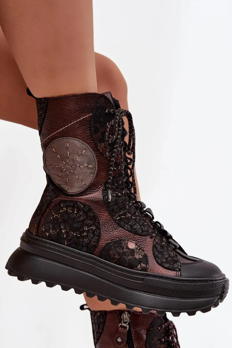 Online Maciejka Skórzane Botki Na Platformie Ocieplane 06565-02 Brązowo-Złote Brązowy