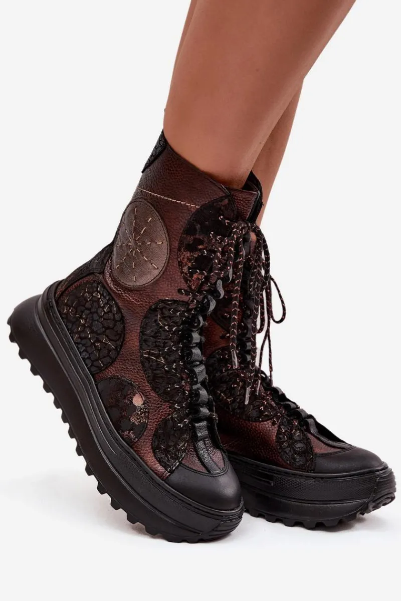 Online Maciejka Skórzane Botki Na Platformie Ocieplane 06565-02 Brązowo-Złote Brązowy