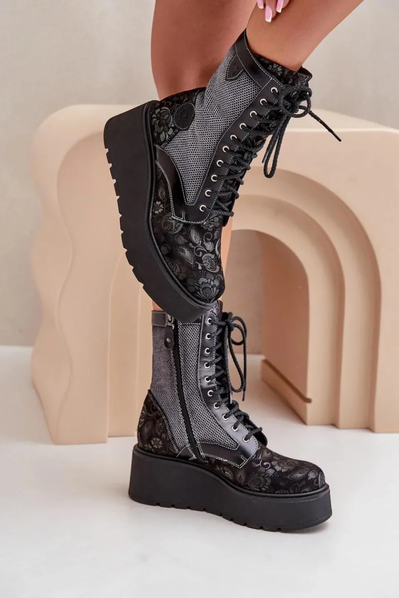 Botki Maciejka|Botki Na Koturnie>Maciejka Skórzane Botki Na Platformie I Koturnie Z Wzorzystą Cholewką 06720-01 Czarne