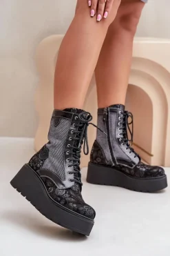 Botki Maciejka|Botki Na Koturnie>Maciejka Skórzane Botki Na Platformie I Koturnie Z Wzorzystą Cholewką 06720-01 Czarne