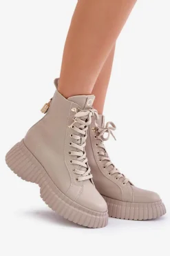 Outlet CheBello Skórzane Botki Na Platformie Na Zamek Z Ozdobną Kłódką 4517 Beżowe