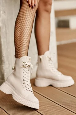 Outlet CheBello Skórzane Botki Na Platformie Na Zamek Z Ozdobną Kłódką 4517 Beżowe