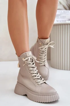 Outlet CheBello Skórzane Botki Na Platformie Na Zamek Z Ozdobną Kłódką 4517 Beżowe