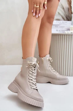 Outlet CheBello Skórzane Botki Na Platformie Na Zamek Z Ozdobną Kłódką 4517 Beżowe