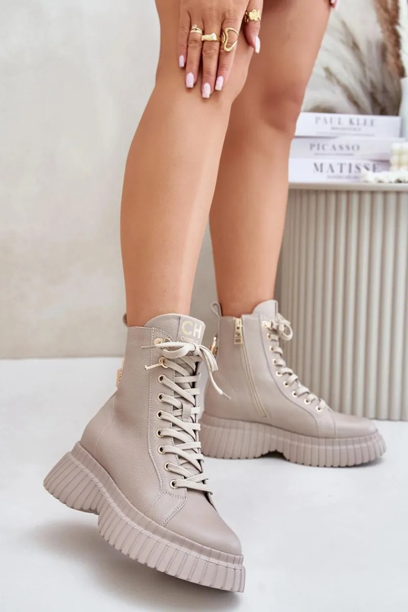 Outlet CheBello Skórzane Botki Na Platformie Na Zamek Z Ozdobną Kłódką 4517 Beżowe