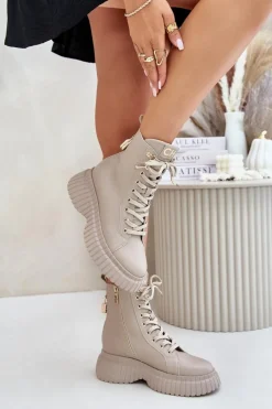 Outlet CheBello Skórzane Botki Na Platformie Na Zamek Z Ozdobną Kłódką 4517 Beżowe