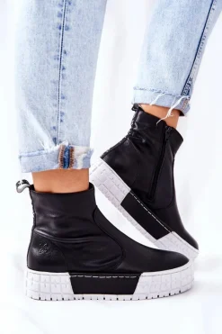 Online Skórzane Botki Na Platformie Czarne 05216-01 Damskie Botki Maciejka|Czarne Botki