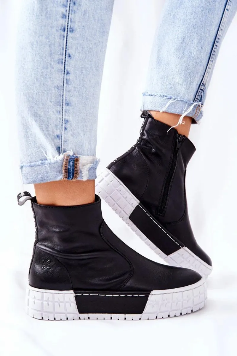 Online Skórzane Botki Na Platformie Czarne 05216-01 Damskie Botki Maciejka|Czarne Botki