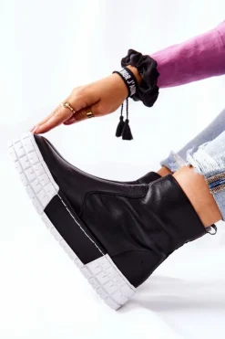 Online Skórzane Botki Na Platformie Czarne 05216-01 Damskie Botki Maciejka|Czarne Botki