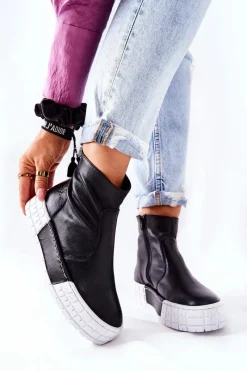 Online Skórzane Botki Na Platformie Czarne 05216-01 Damskie Botki Maciejka|Czarne Botki
