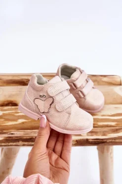 Discount Skórzane Botki Na Rzepy Z Motylkiem Różowe Avi Dzieci Dziewczęce