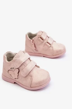 Discount Skórzane Botki Na Rzepy Z Motylkiem Różowe Avi Dzieci Dziewczęce