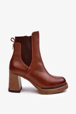 New Skórzane Botki Na Słupku Brązowe Lemar Liresa Damskie Botki Skórzane|Botki Zimowe Damskie