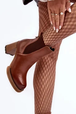 New Skórzane Botki Na Słupku Brązowe Lemar Liresa Damskie Botki Skórzane|Botki Zimowe Damskie