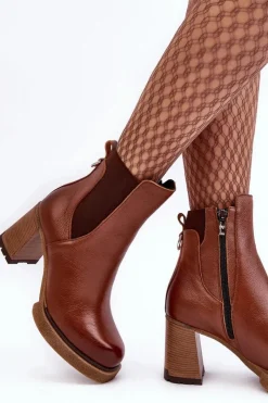 New Skórzane Botki Na Słupku Brązowe Lemar Liresa Damskie Botki Skórzane|Botki Zimowe Damskie