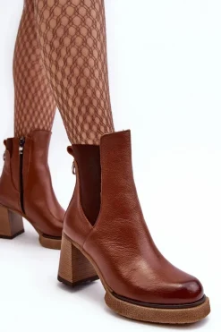 New Skórzane Botki Na Słupku Brązowe Lemar Liresa Damskie Botki Skórzane|Botki Zimowe Damskie