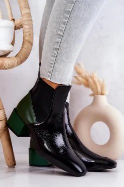 Botki Wiosenne|Botki Na Słupku>Boto Skórzane Botki Na Słupku Czarno-Zielone Kailey