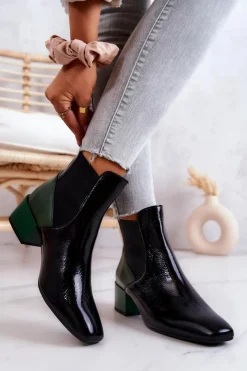 Botki Wiosenne|Botki Na Słupku>Boto Skórzane Botki Na Słupku Czarno-Zielone Kailey