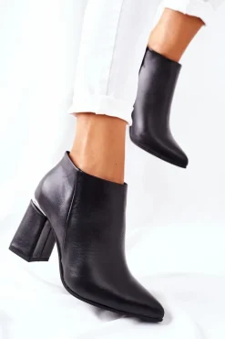 Outlet Boto Skórzane Botki Na Słupku Czarne Raglan